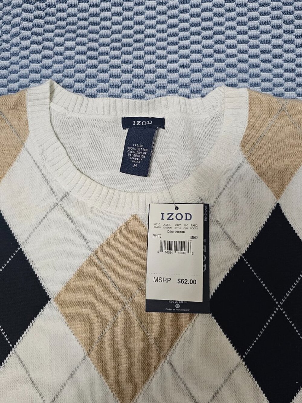 NEW IZOD 100% Cotton Argyle Crew Neck Women’s Sweater Navy/Tan - Size Medium - Picture 4 of 6
